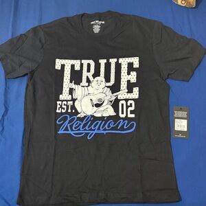 True Religion Black Tee with White and Blue Graphic